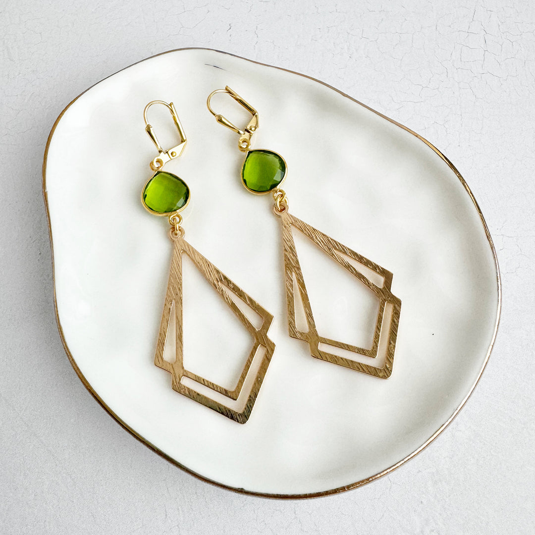 Olive Green Quartz Double Kite Earrings in Brushed Gold