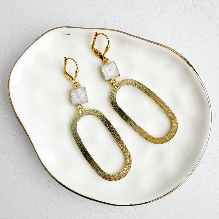 Square White Druzy Open Oval Statement Earrings in Brushed Gold