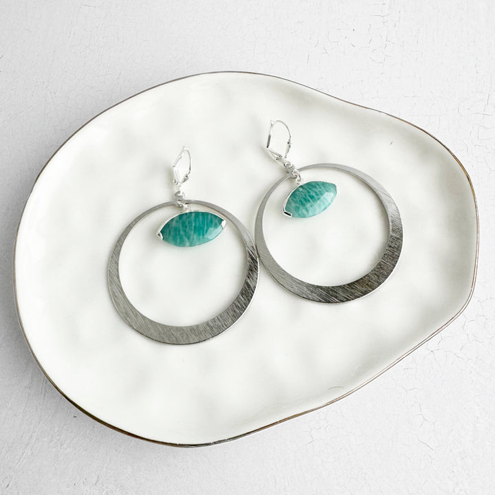 Amazonite Evil Eye Hoop Earrings in Brushed Silver