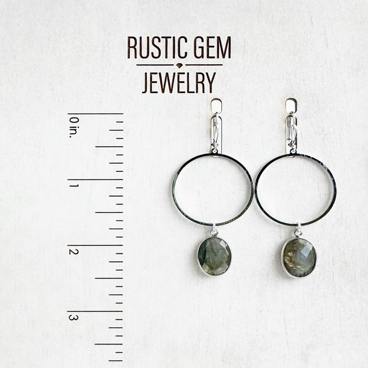 Labradorite Hoop Dangle Earrings in Brushed Silver