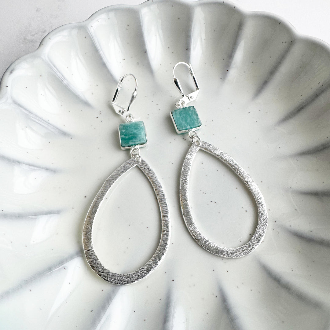 Amazonite and Brushed Teardrop Dangle Earrings in Silver