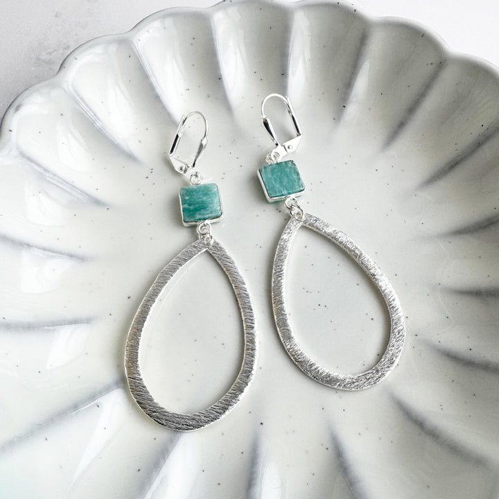 Amazonite and Brushed Teardrop Dangle Earrings in Silver