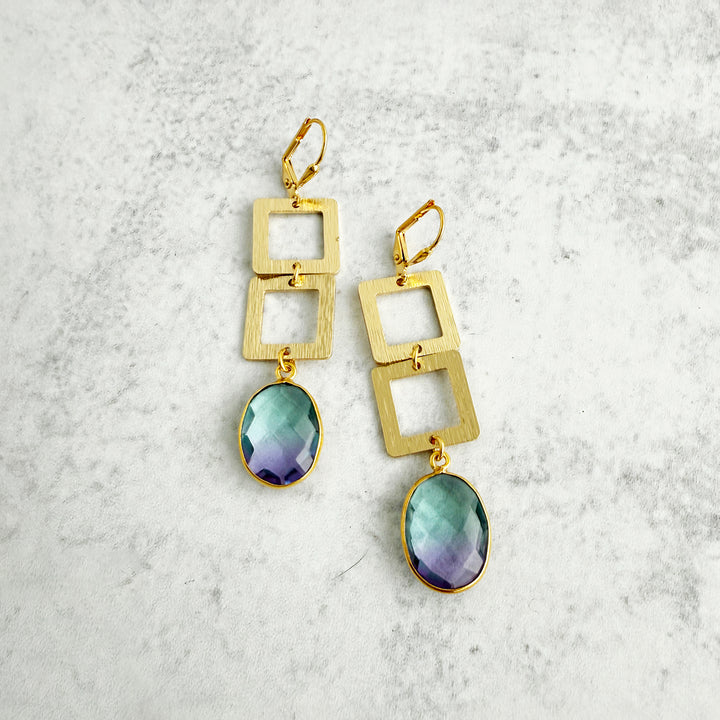 Purple Blue Aura Quartz and Square Dangle Earrings in Brushed Gold