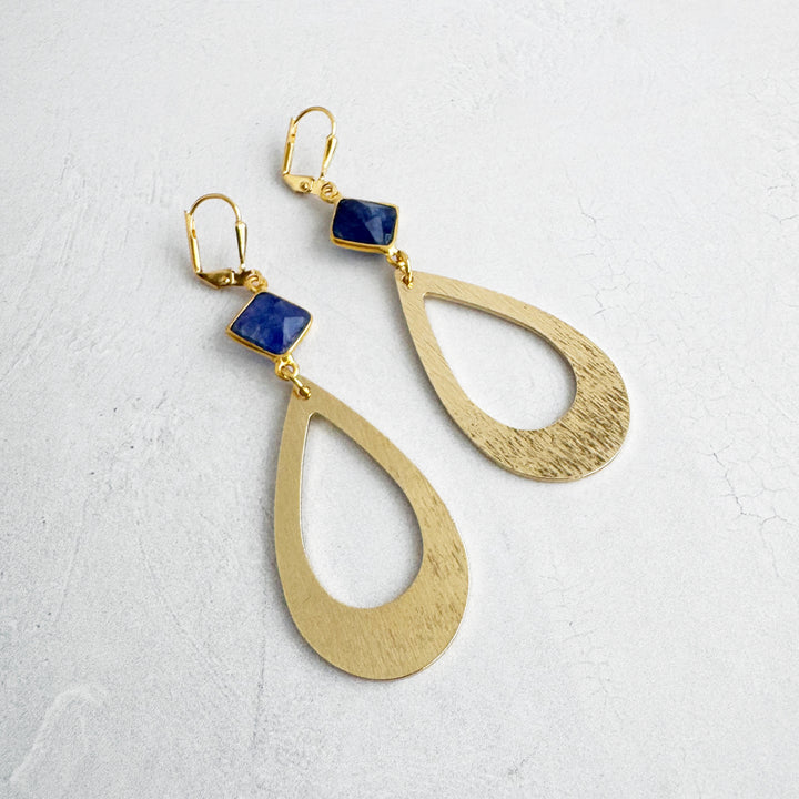 Sapphire Teardrop Statement Earrings in Brushed Gold