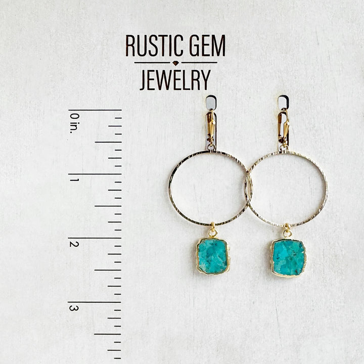 Freeform Turquoise Hoop Dangle Earrings in Brushed Gold