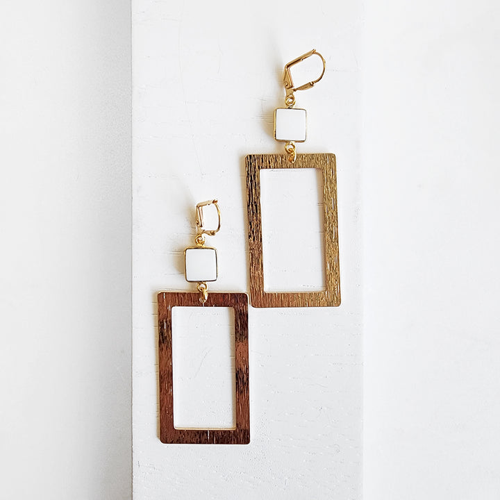 White Agate Rectangle Statement Earrings in Brushed Gold