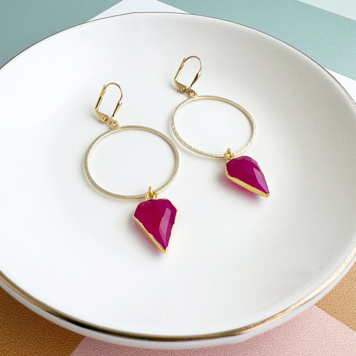 Fuchsia Chalcedony Shield Hoop Dangle Earrings