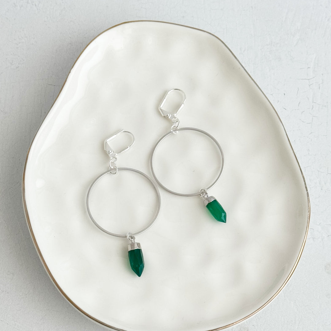 Green Onyx Hoop Dangle Earrings in Brushed Silver