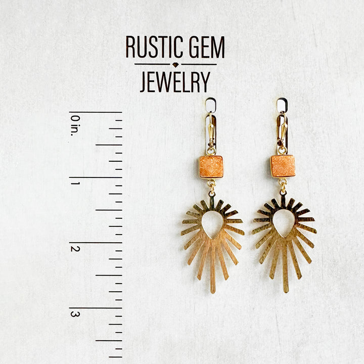 Orange Druzy Starburst Earrings in Brushed Gold