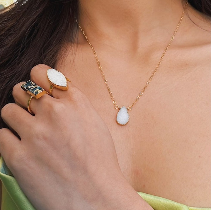 Small White Druzy Teardrop Necklace in Gold Filled or Sterling Silver