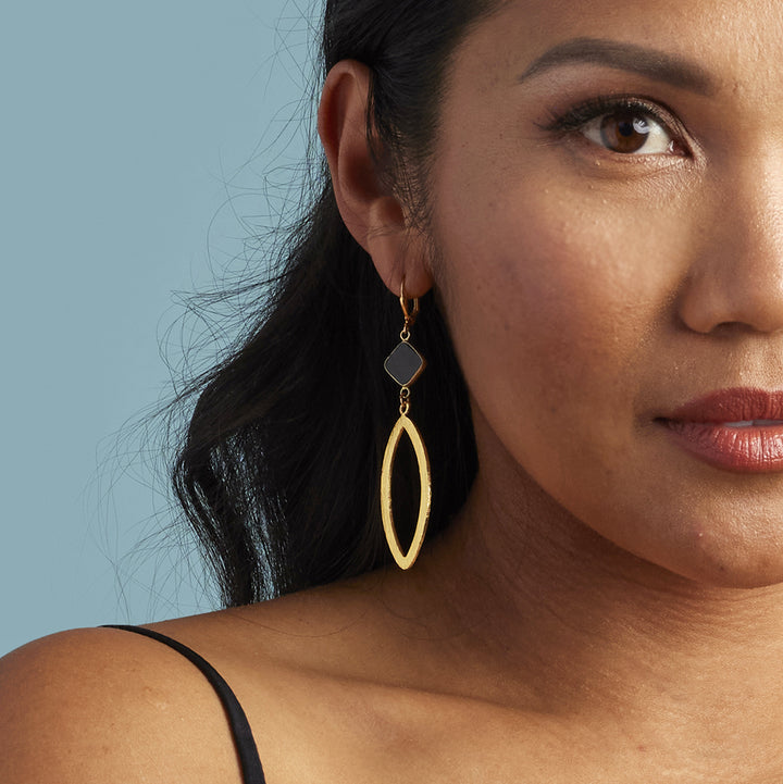 Diamond Shaped Black Onyx Marquise Earrings in Brushed Brass Gold