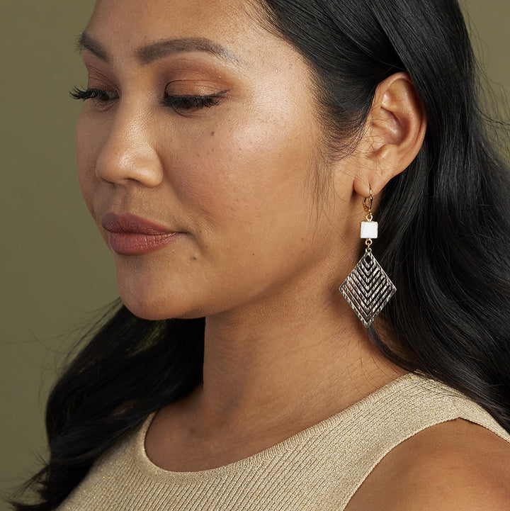 Patterned Diamond and White Agate Statement Earrings in Brushed Brass Gold