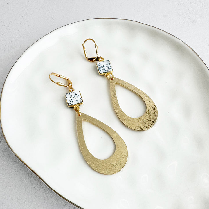 Dendrite Opal Teardrop Statement Earrings in Brushed Gold