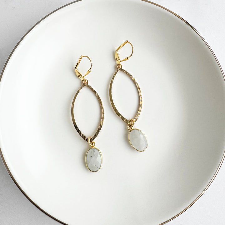 Moonstone Bezel and Brushed Marquise Drop Earrings