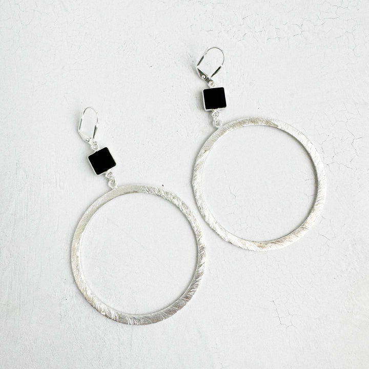 Large Black Onyx Hoop Earrings in Brushed Silver
