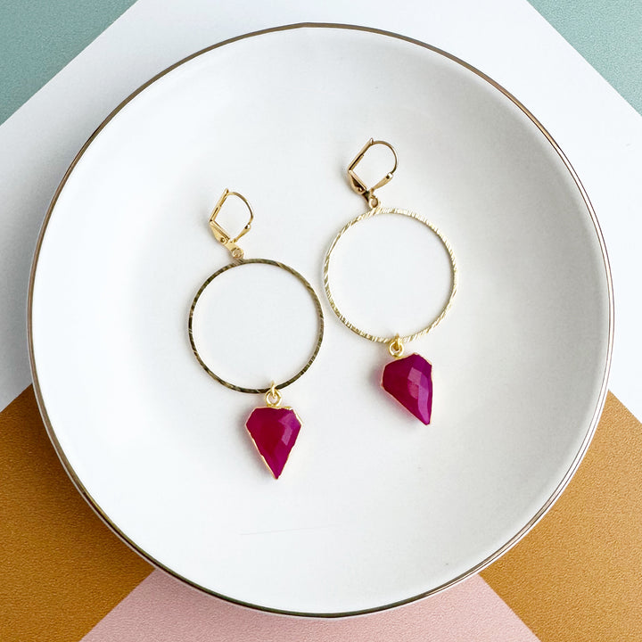 Fuchsia Chalcedony Shield Hoop Dangle Earrings