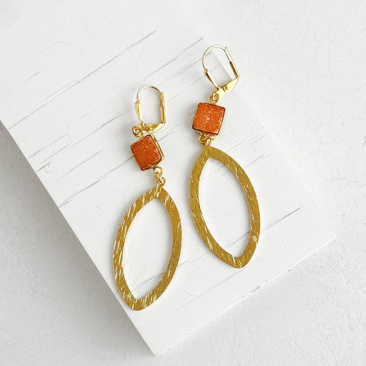 Orange Druzy Marquise Dangle Earrings in Brushed Gold
