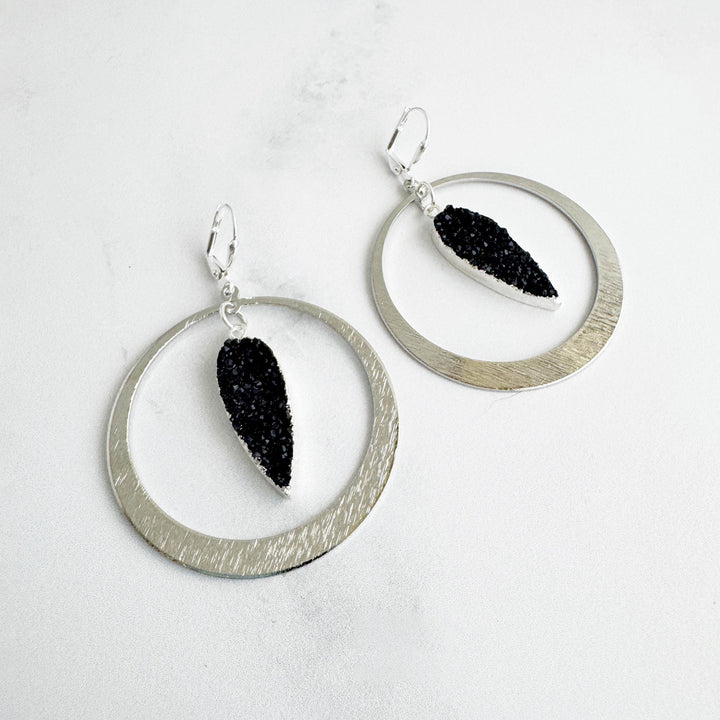 Black Druzy Hoop Statement Earrings in Brushed Silver