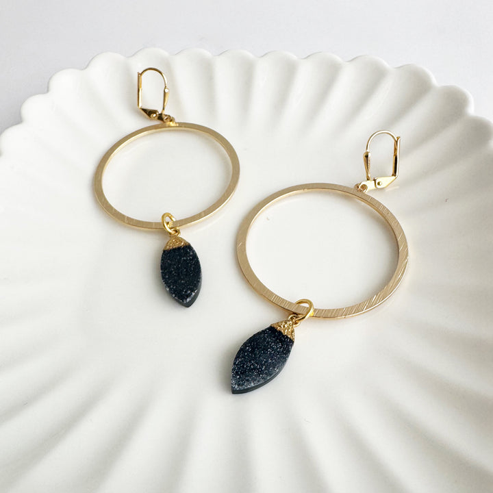 Black Druzy Hoop Earrings in Brushed Gold