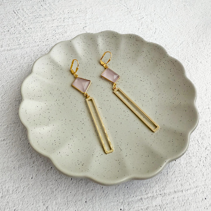 Rose Quartz Rectangle Dangle Earrings in Brushed Gold