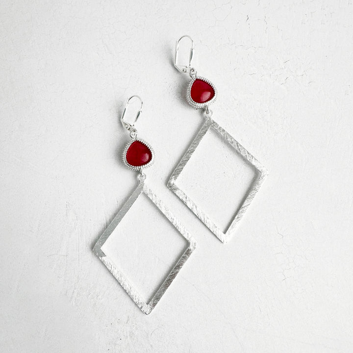 Fuchsia Stone Diamond Earrings in Brushed Silver