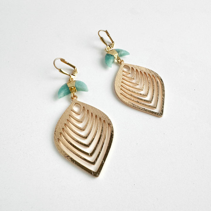 Amazonite Crescent and Leaf Dangle Earrings in Brushed Gold