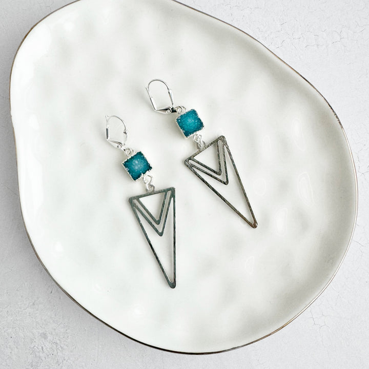 Layered Triangle Brushed Silver Earrings with Ocean Blue Druzy Stones