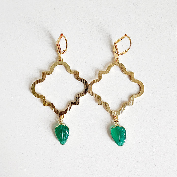 Quatrefoil Statement Earrings with Leaf Stone in Brushed Gold