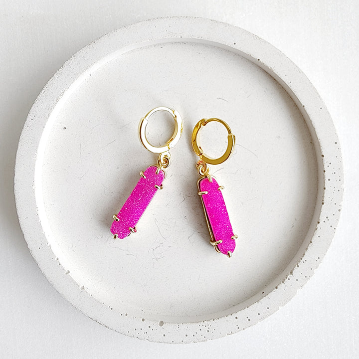 Pink Druzy Point Hoop Earrings in Gold