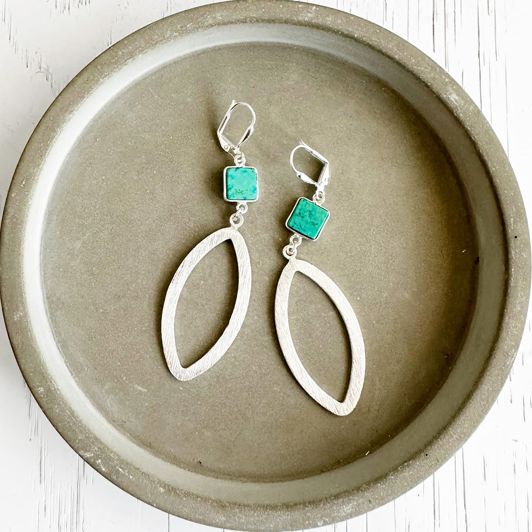 Tibetan Turquoise Marquise Statement Earrings in Brushed Silver
