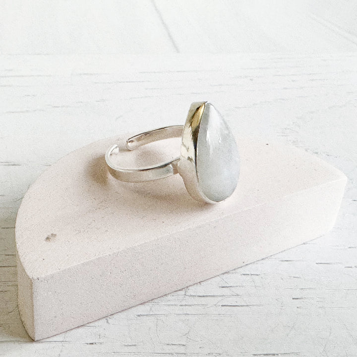 Rainbow Moonstone Teardrop Statement Ring in Gold and Silver