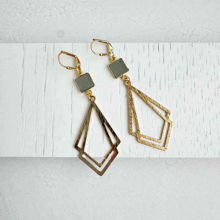 White Quartz and Double Kite Statement Earrings in Brushed Gold
