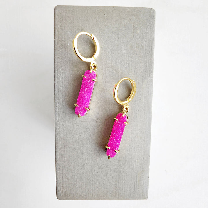 Pink Druzy Point Hoop Earrings in Gold