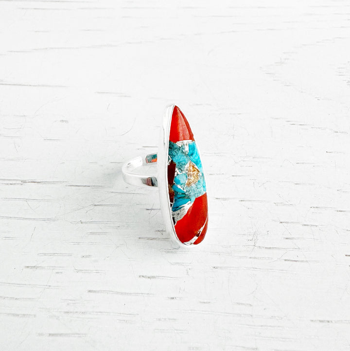 Long Turquoise Teardrop Statement Ring in Gold and Silver