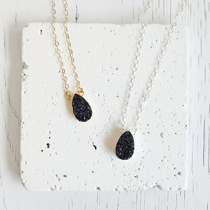 Black Druzy Teardrop Necklace in Gold and Silver