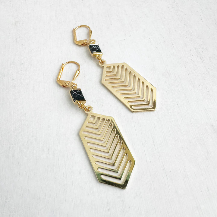 Black Howlite Chevron Dangle Earrings in Brushed Gold