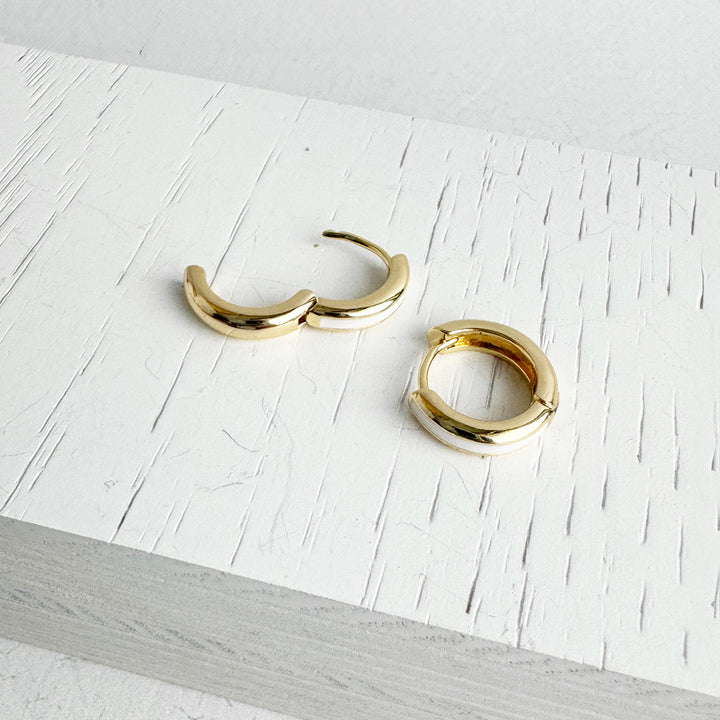 White Enamel Huggie Earrings in 18k Gold