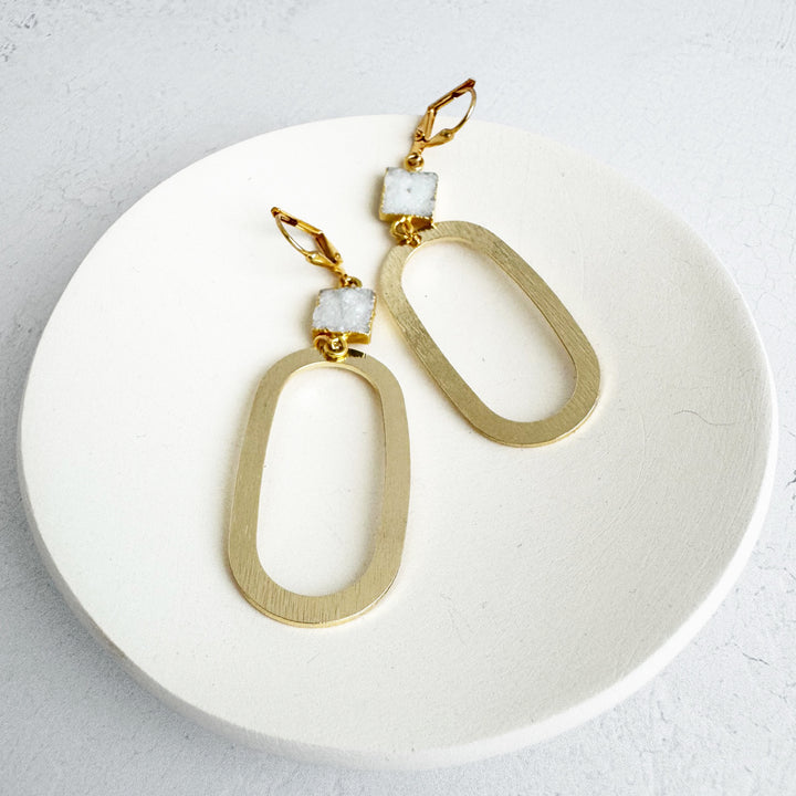 Square White Druzy Open Oval Statement Earrings in Brushed Gold