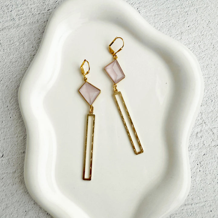 Rose Quartz Rectangle Dangle Earrings in Brushed Gold