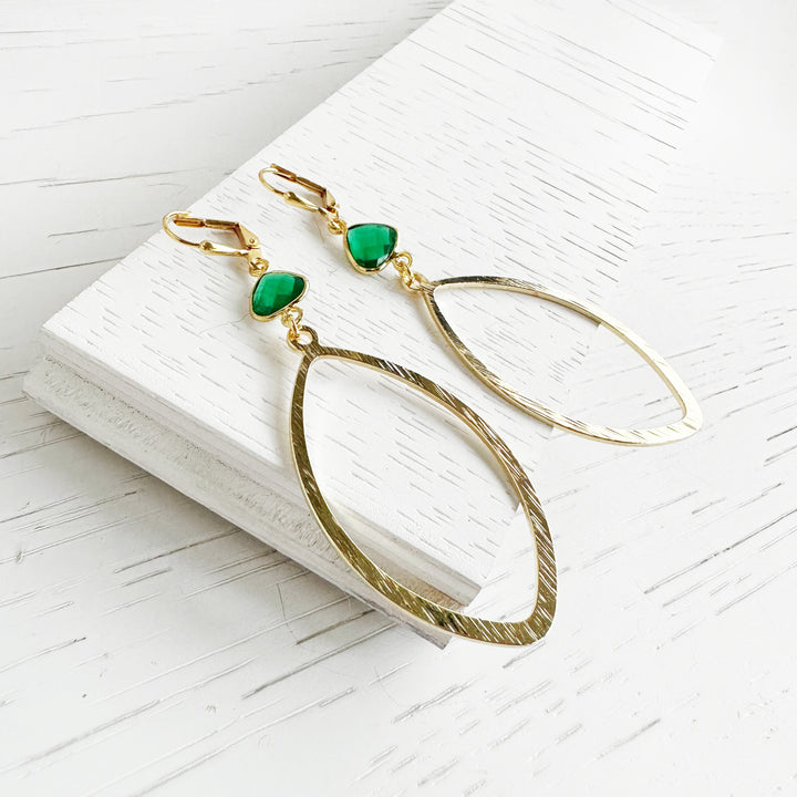 Green Quartz and Marquise Statement Earrings in Brushed Brass Gold