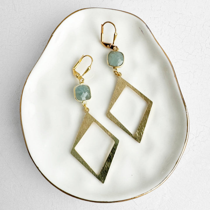 Aquamarine Diamond Pendant Earrings in Brushed Gold