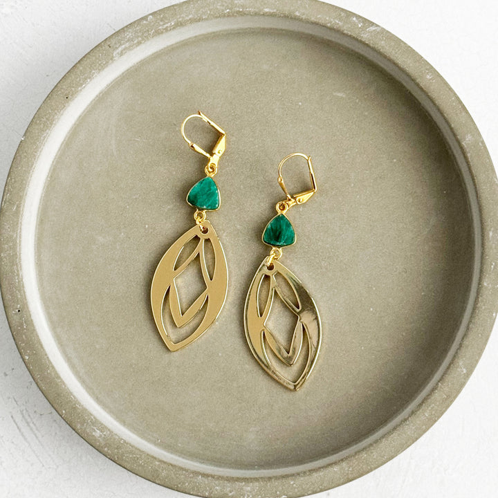Emerald Mojave and Patterned Marquise Earrings in Brushed Brass