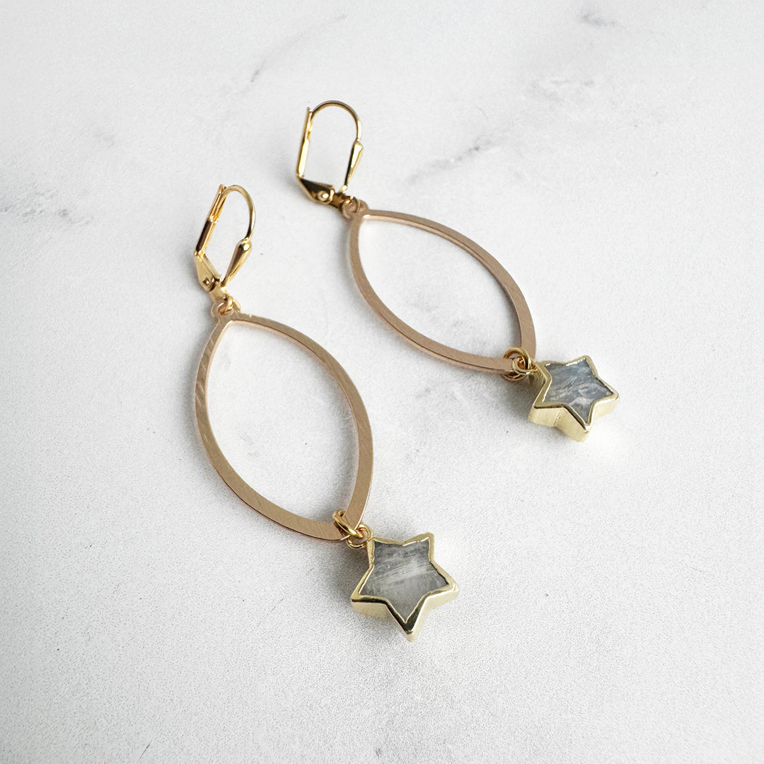 Moonstone Star Marquise Dangle Earrings in Brushed Gold