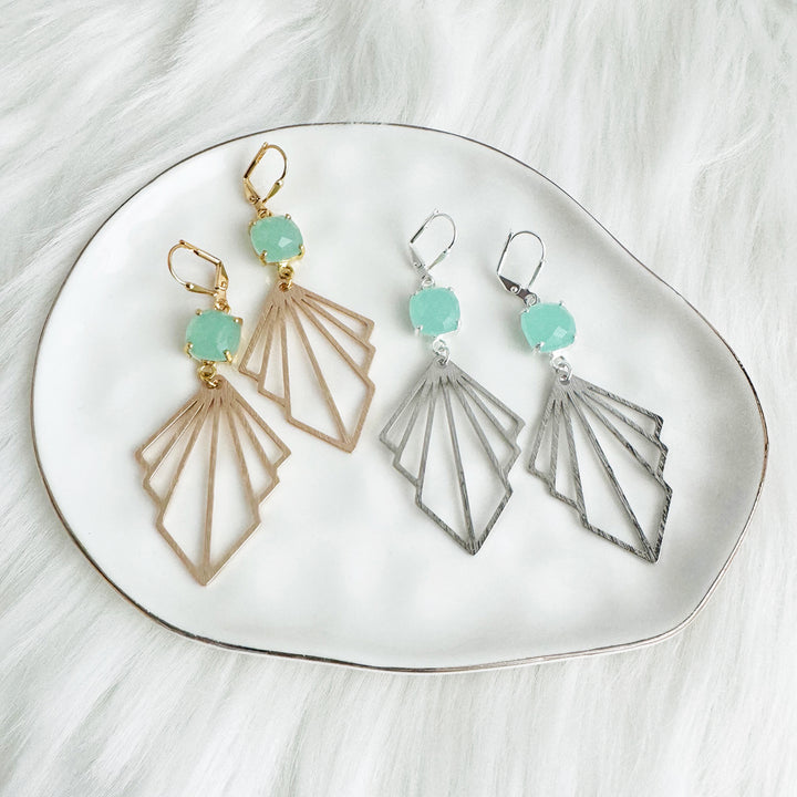 Aqua Chalcedony Prong Layered Fan Statement Earrings in Brushed Gold and Silver