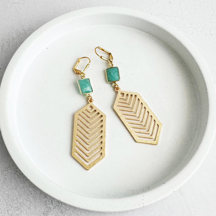 Amazonite Chevron Dangle Earrings in Brass Gold