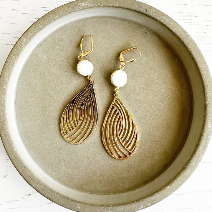 Swirl Teardrop and White Agate Statement Earrings in Brushed Gold