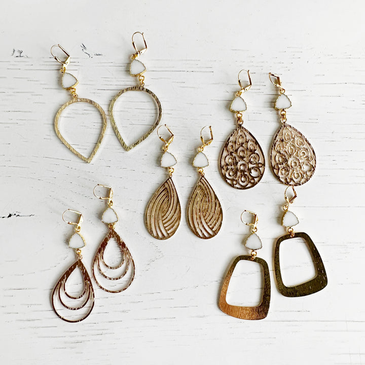 White Agate Statement Earrings in Brushed Brass Gold