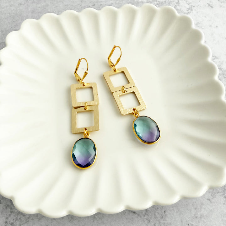 Purple Blue Aura Quartz and Square Dangle Earrings in Brushed Gold