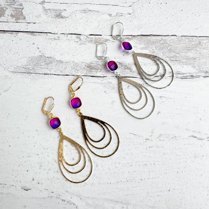 Pink Purple Aura Quartz and Multiple Teardrop Statement Earrings
