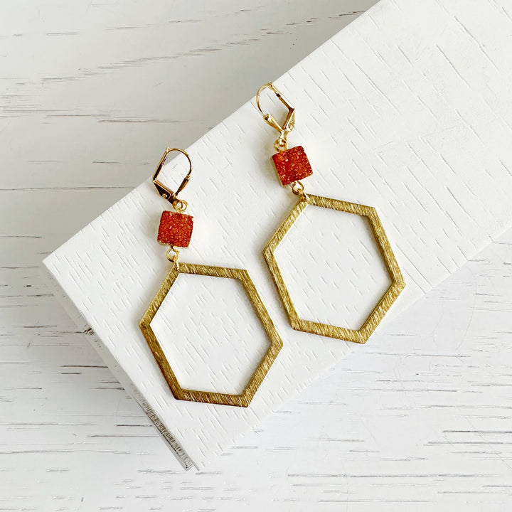 Orange Druzy Hexagon Statement Earrings in Brushed Brass Gold
